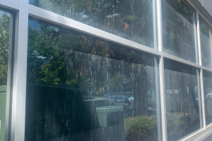 Commercial glass before cleaning - Transparent Window Washing Large glass storefront windows with vertical metal frames; water streaks run down the panes and reflections of trees and parked cars appear outside.
