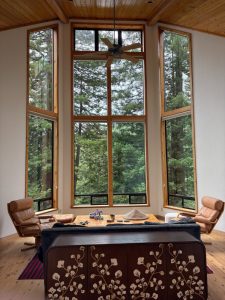Living room with tall wooden-framed windows showing a forest view, a ceiling fan, and a wooden coffee table surrounded by tan chairs.