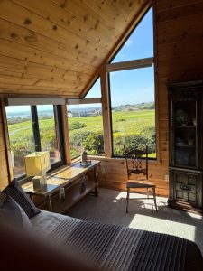 IMG_1947 - Transparent Window Washing Cozy wooden room with a slanted ceiling and large windows overlooking green fields and blue sky; bed and antique chair inside.