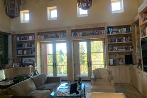 IMG_4074 - Transparent Window Washing Bright living room with built-in bookshelves, glass double doors to a balcony, and a gray sofa facing a glass coffee table.