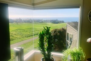 IMG_6447 - Transparent Window Washing Bright indoor corner by a large window with two potted plants; outside is a green golf course, coastal houses, and the blue sea on the horizon.