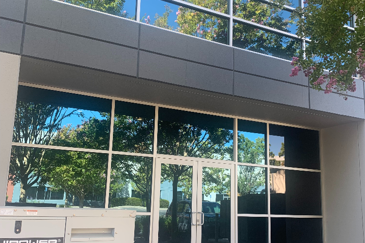 Glass double doors and large window panes of a modern office building, reflecting trees and blue sky outside.