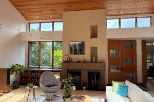 Bright living room with a tall beige fireplace, large windows showing greenery, and abstract art above the mantle.