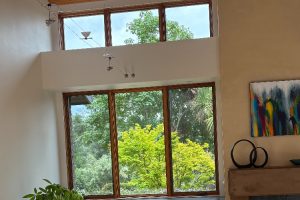 Bright living room with large corner windows showing green trees outside and a ceiling track light fixture nearby