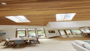 Open-plan dining and living room with a warm wooden slat ceiling, skylights, and patio doors.