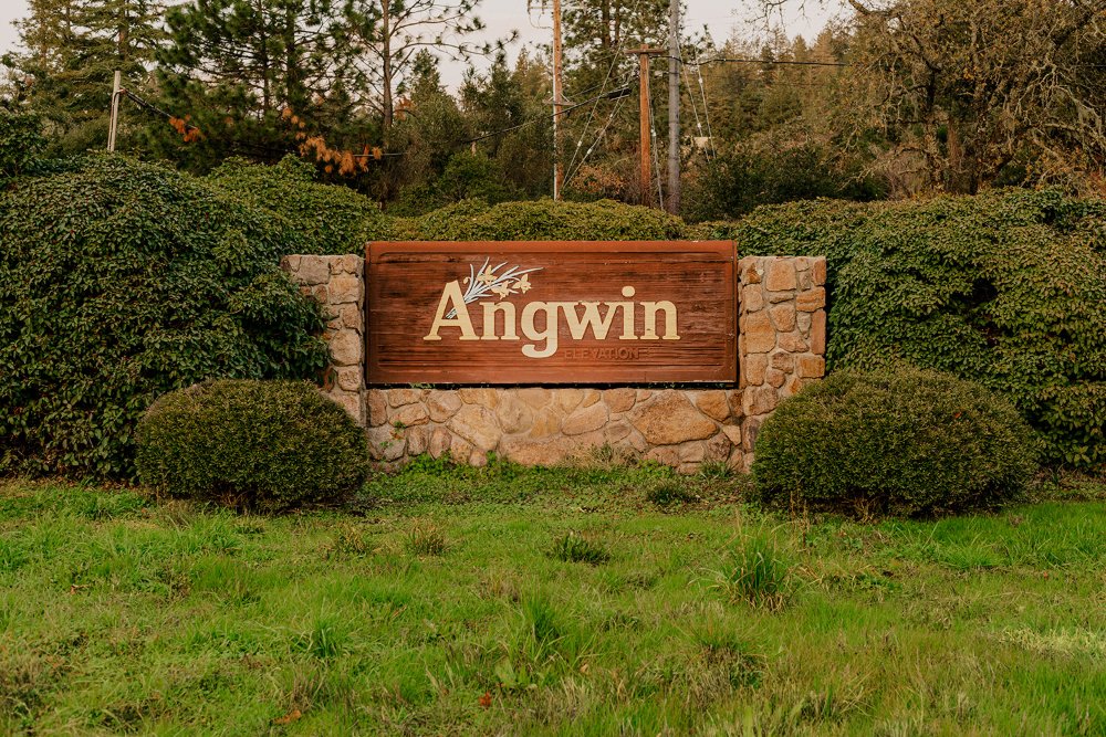 Wooden sign reading 'Angwin' set in a stacked-stone wall, with surrounding hedges and green grass in the foreground.
