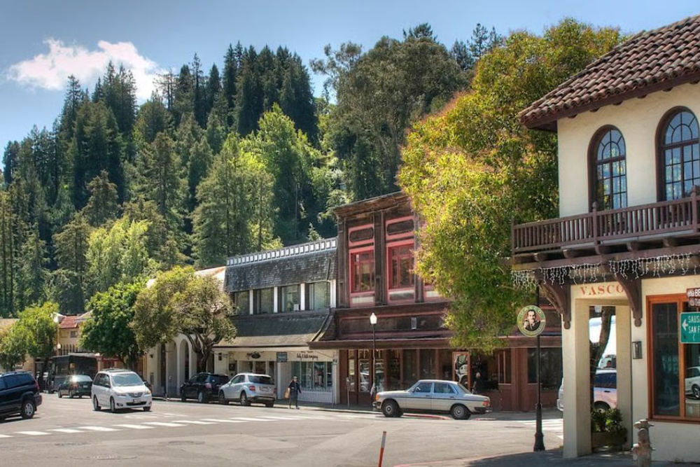 Tree-lined main street of a mountain town with vintage storefronts, parked cars, and a forested hillside in the background.