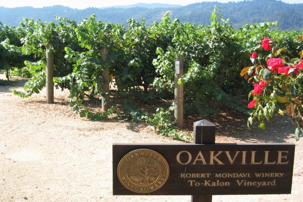 Wooden sign reading 'Oakville' and 'To-Kalon Vineyard' at a sunlit vineyard with rows of grapevines beneath distant hills